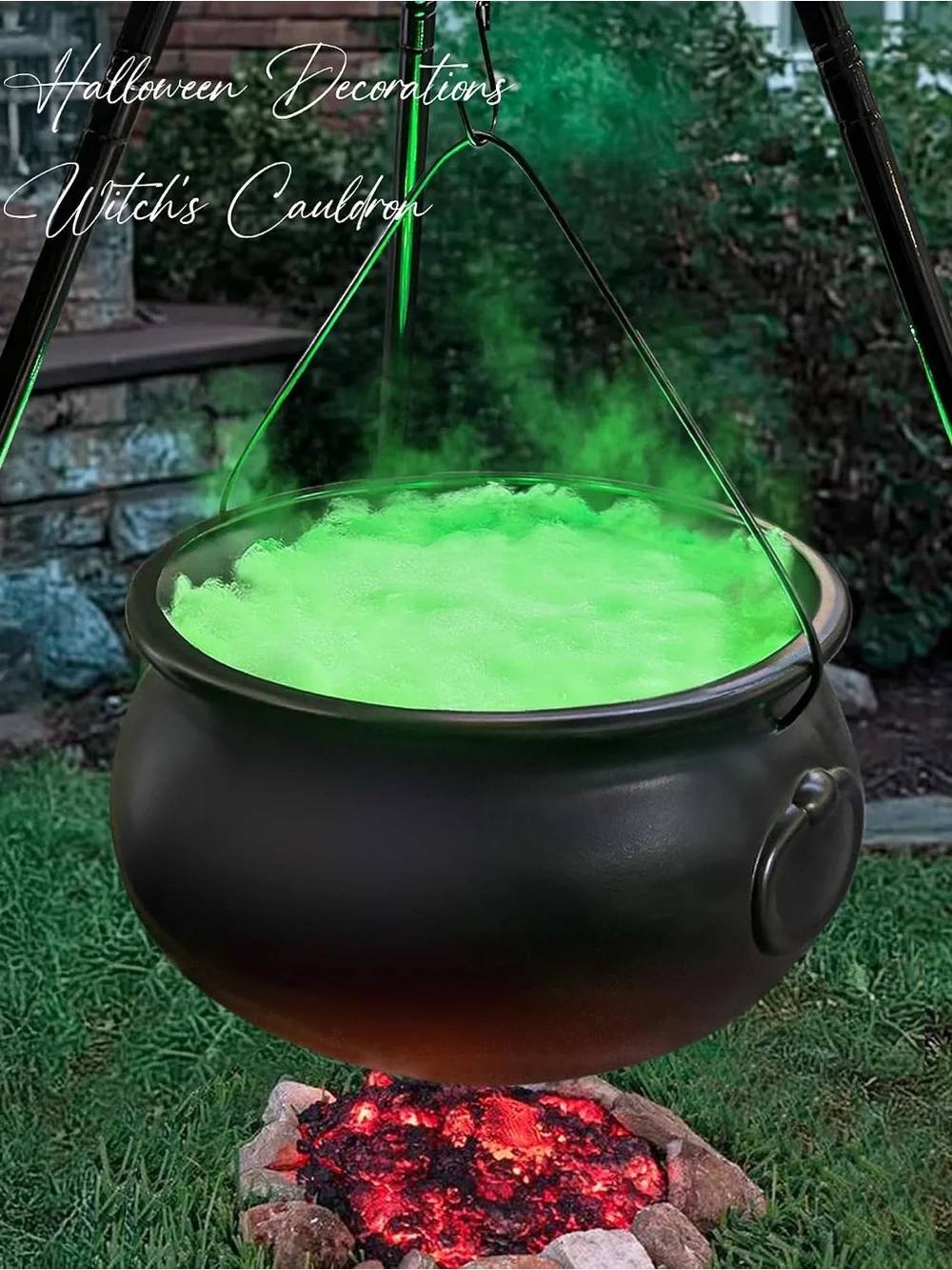 Black Witch's Cauldron Halloween Decoration with Green Lights